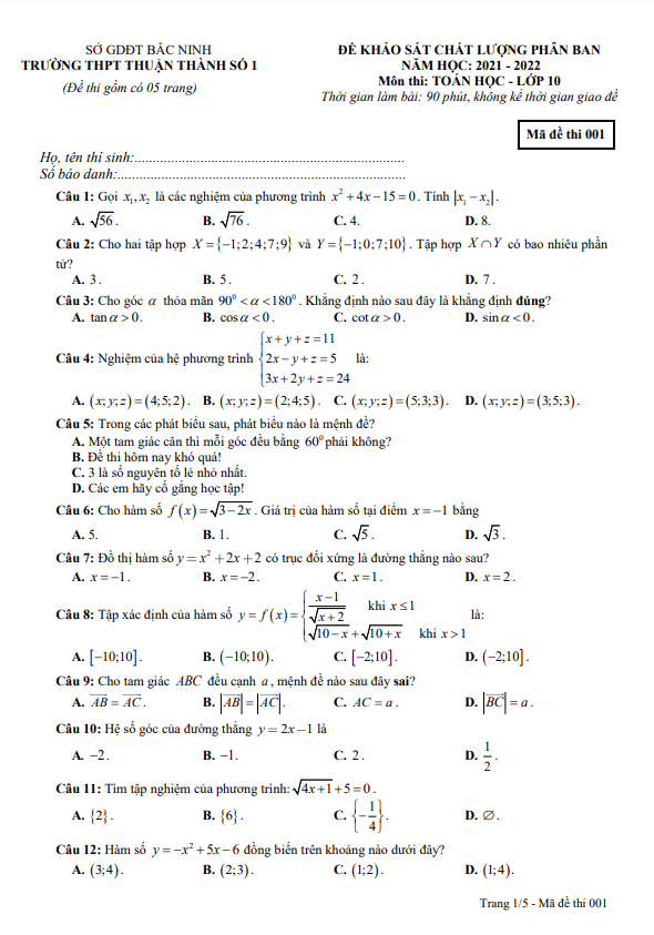 Đề KSCL phân ban lớp 10 môn Toán năm 2021 2022 trường Thuận Thành 1 Bắc Ninh