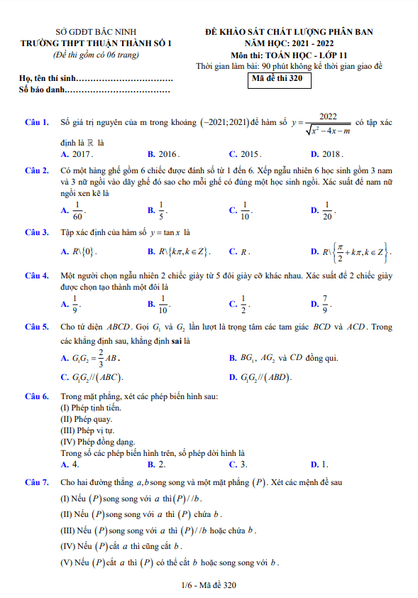 Đề KSCL phân ban lớp 11 môn Toán năm 2021 2022 trường Thuận Thành 1 Bắc Ninh