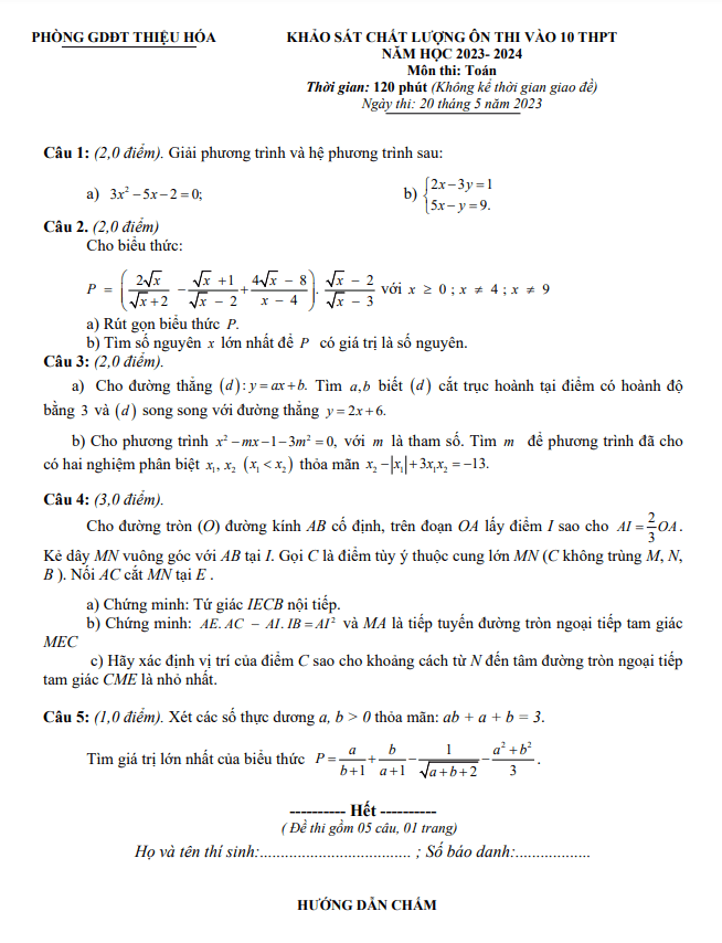 Đề KSCL Toán ôn thi vào 10 năm 2023 2024 phòng GD ĐT Thiệu Hóa Thanh Hóa