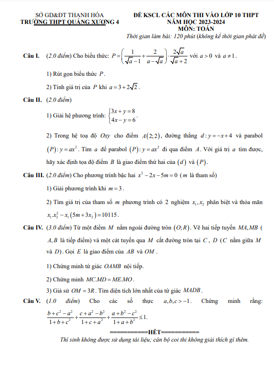 Đề KSCL Toán thi vào 10 năm 2023 2024 trường THPT Quảng Xương 4 Thanh Hoá