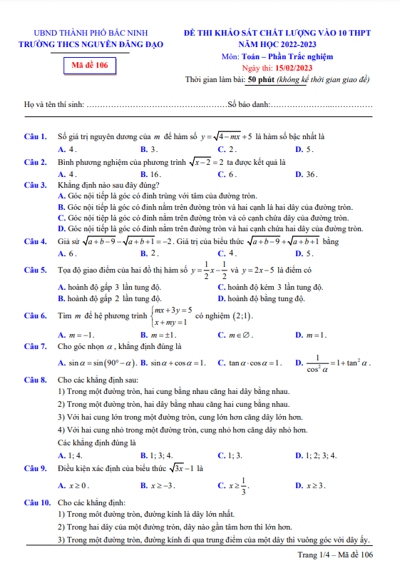 Đề KSCL Toán vào 10 THPT năm 2023 trường THCS Nguyễn Đăng Đạo Bắc Ninh