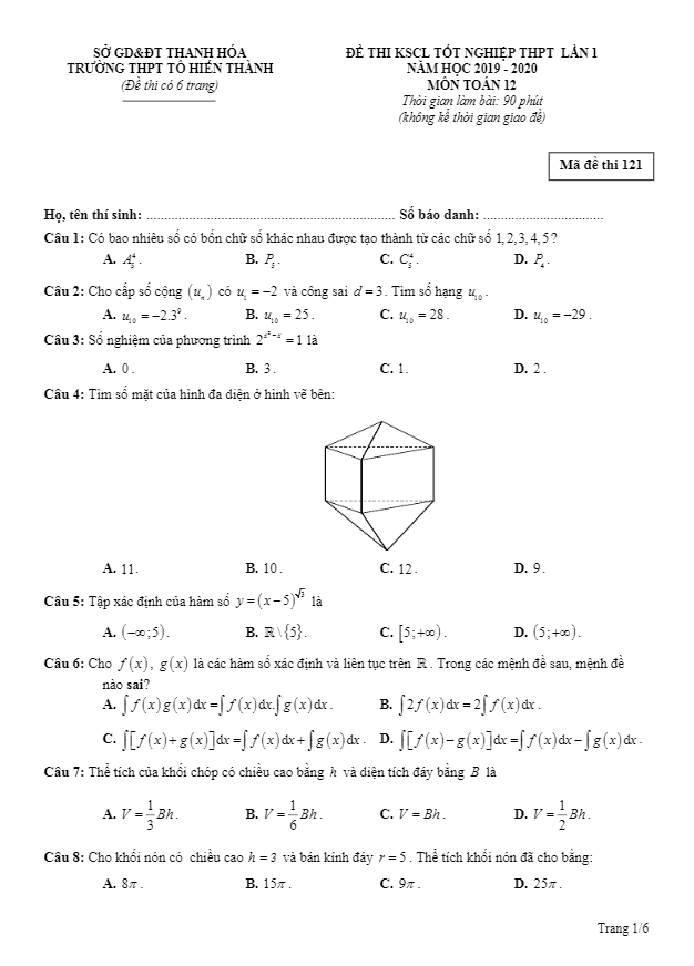 Đề KSCL tốt nghiệp THPT 2020 lần 1 lớp 12 môn Toán trường THPT Tô Hiến Thành Thanh Hóa