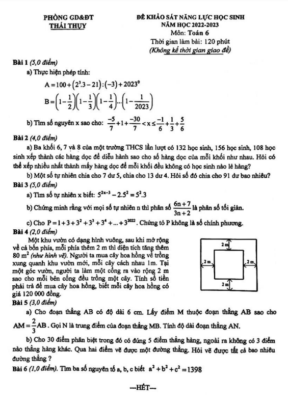 Đề KSNL lớp 6 môn Toán năm 2022 2023 phòng GD ĐT Thái Thụy Thái Bình