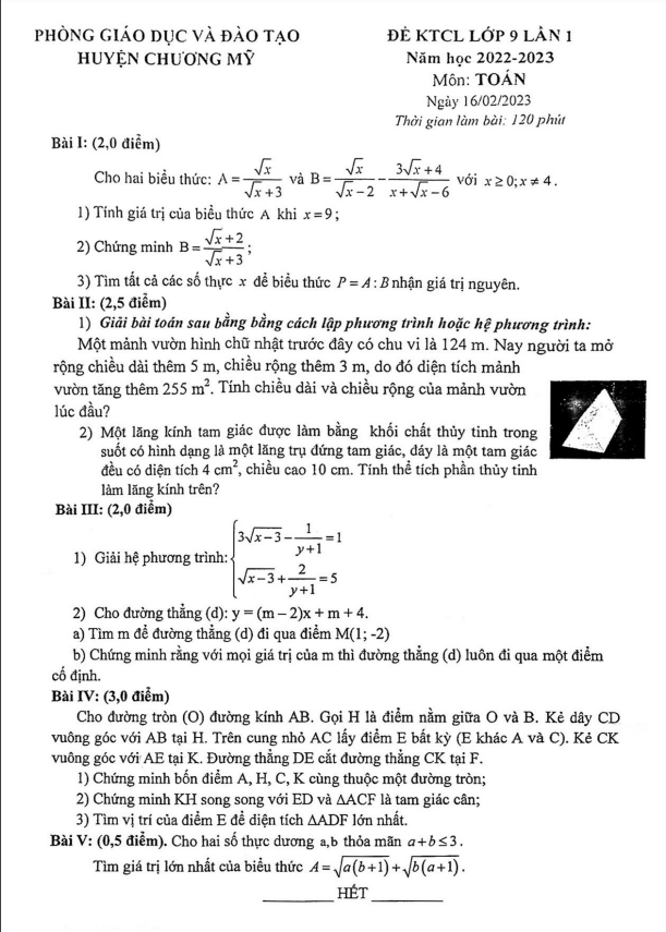 Đề KTCL lớp 9 môn Toán lần 1 năm 2022 2023 phòng GD ĐT Chương Mỹ Hà Nội