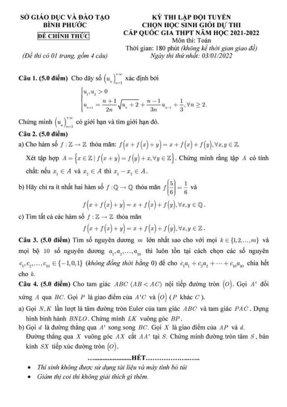 Đề lập đội tuyển thi HSG QG môn Toán năm 2021 2022 sở GD ĐT Bình Phước