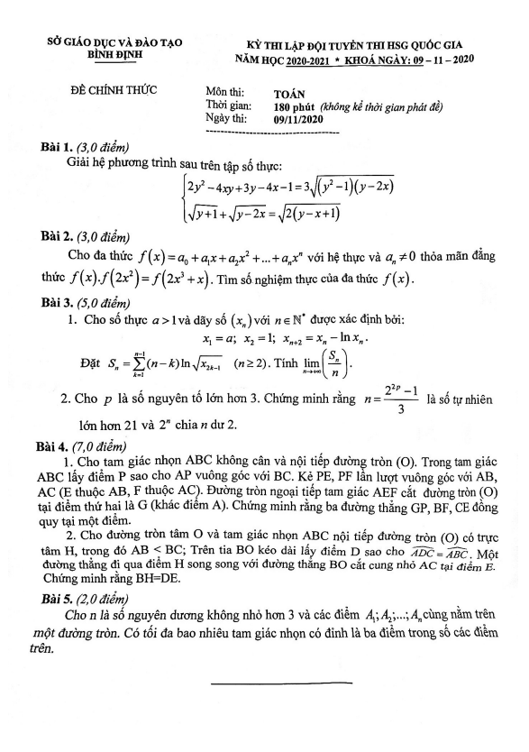 Đề lập đội tuyển thi HSG Toán Quốc gia năm 2020 2021 sở GD ĐT Bình Định