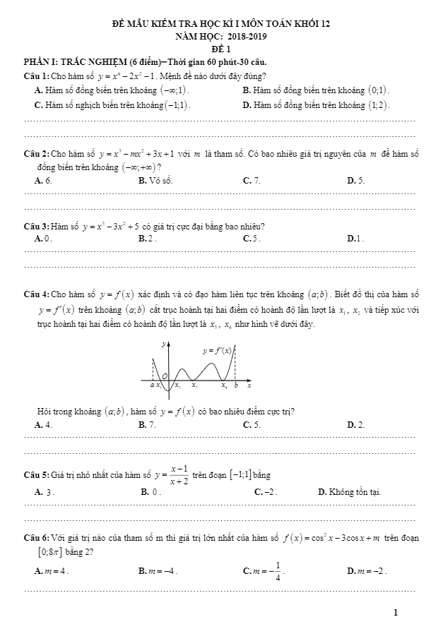 Đề mẫu kiểm tra học kì 1 (HK1) lớp 12 môn Toán năm học 2018 2019