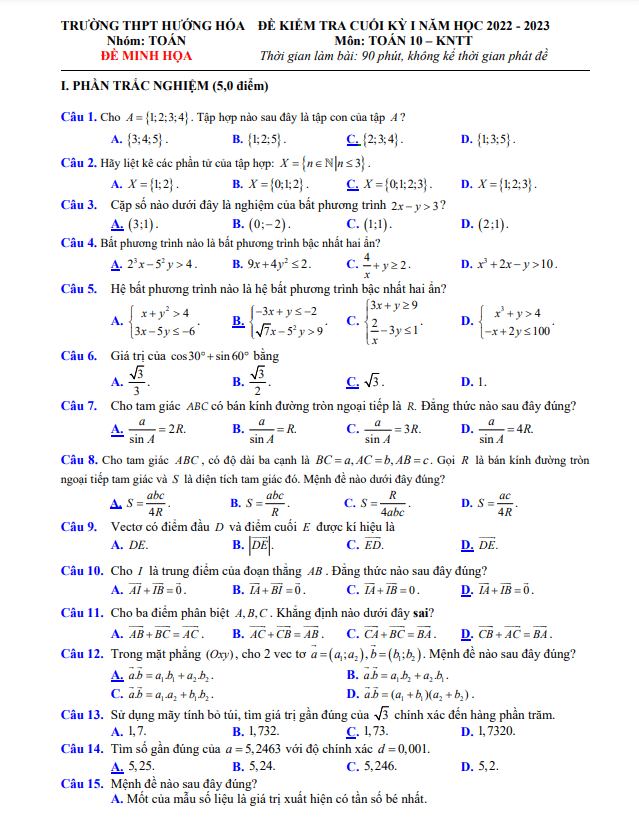 Đề minh họa cuối học kì 1 (HK1) lớp 10 môn Toán (KNTTVCS) năm 2022 2023 THPT Hướng Hóa Quảng Trị