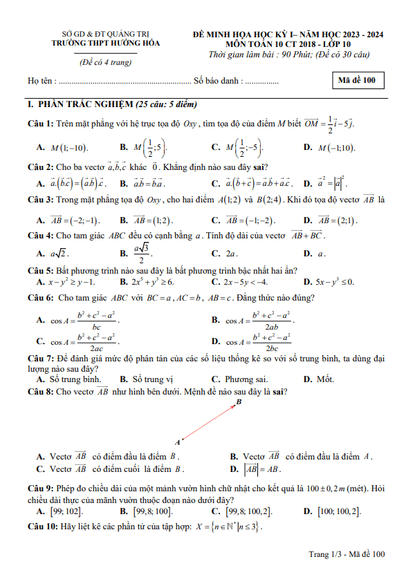 Đề minh họa cuối học kì 1 (HK1) lớp 10 môn Toán năm 2023 2024 trường THPT Hướng Hóa Quảng Trị