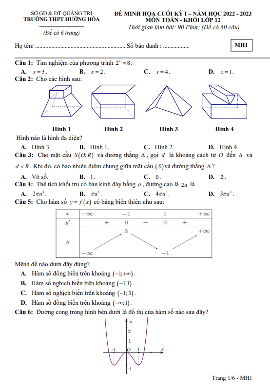 Đề minh họa cuối học kì 1 (HK1) lớp 12 môn Toán năm 2022 2023 trường THPT Hướng Hóa Quảng Trị