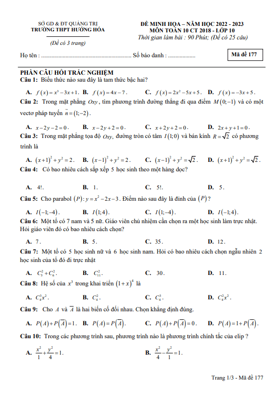 Đề minh họa cuối học kì 2 (HK2) lớp 10 môn Toán năm 2022 2023 trường THPT Hướng Hóa Quảng Trị