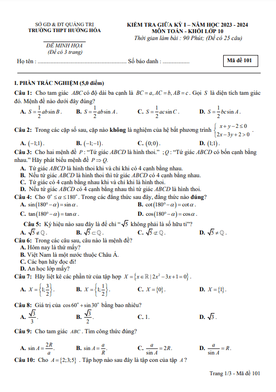 Đề minh họa giữa học kì 1 (HK1) lớp 10 môn Toán năm 2023 2024 trường THPT Hướng Hóa Quảng Trị