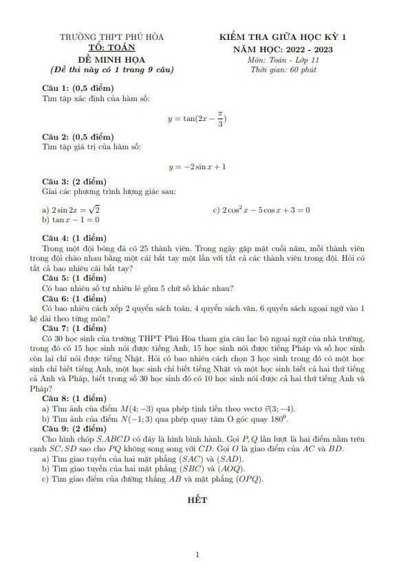 Đề minh họa giữa học kì 1 (HK1) lớp 11 môn Toán năm 2022 2023 trường THPT Phú Hòa TP HCM