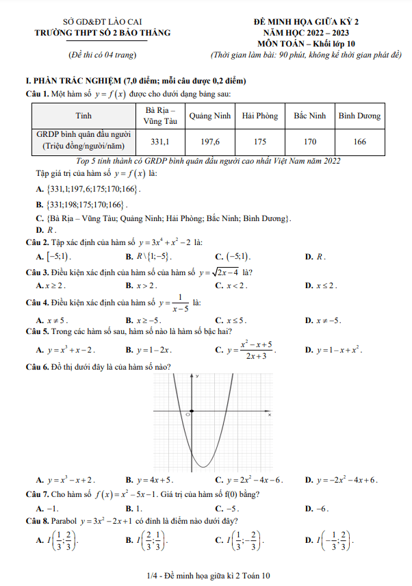 Đề minh họa giữa học kì 2 (HK2) lớp 10 môn Toán năm 2022 2023 trường THPT Bảo Thắng 2 Lào Cai