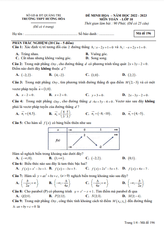 Đề minh họa giữa học kì 2 (HK2) lớp 10 môn Toán năm 2022 2023 trường THPT Hướng Hóa Quảng Trị