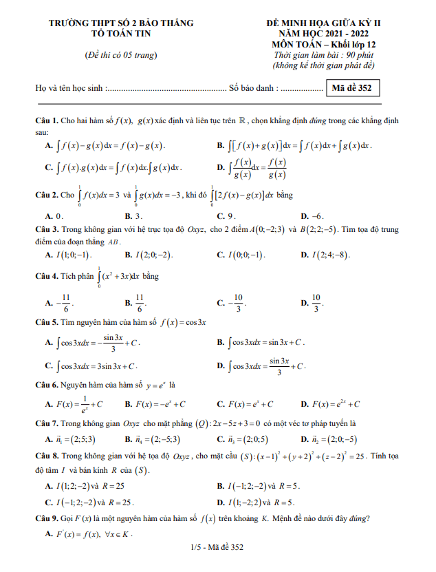 Đề minh họa giữa học kì 2 (HK2) lớp 12 môn Toán năm 2021 2022 trường THPT Bảo Thắng 2 Lào Cai