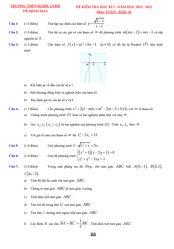 Đề minh họa học kì 1 (HK1) lớp 10 môn Toán năm 2021 2022 trường THPT Marie Curie TP HCM