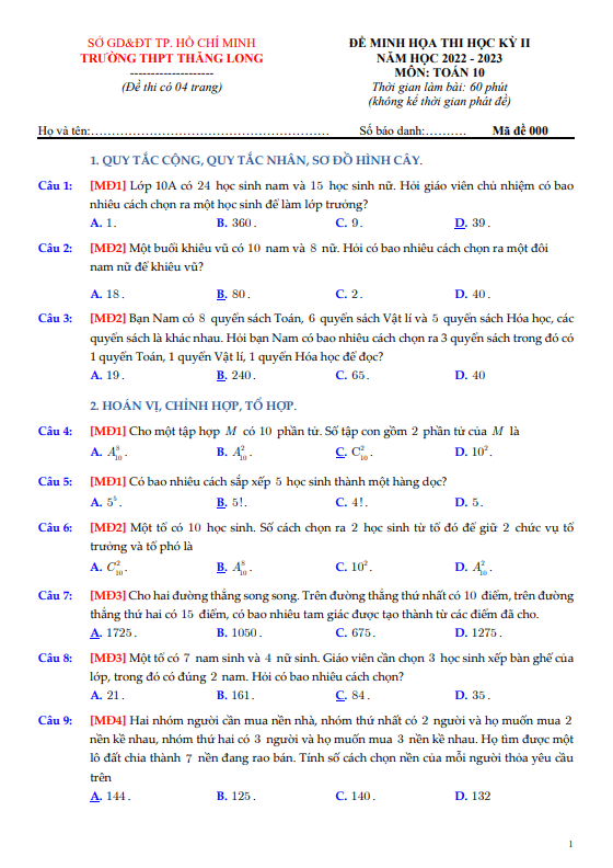 Đề minh họa học kì 2 (HK2) lớp 10 môn Toán năm 2022 2023 trường THPT Thăng Long TP HCM