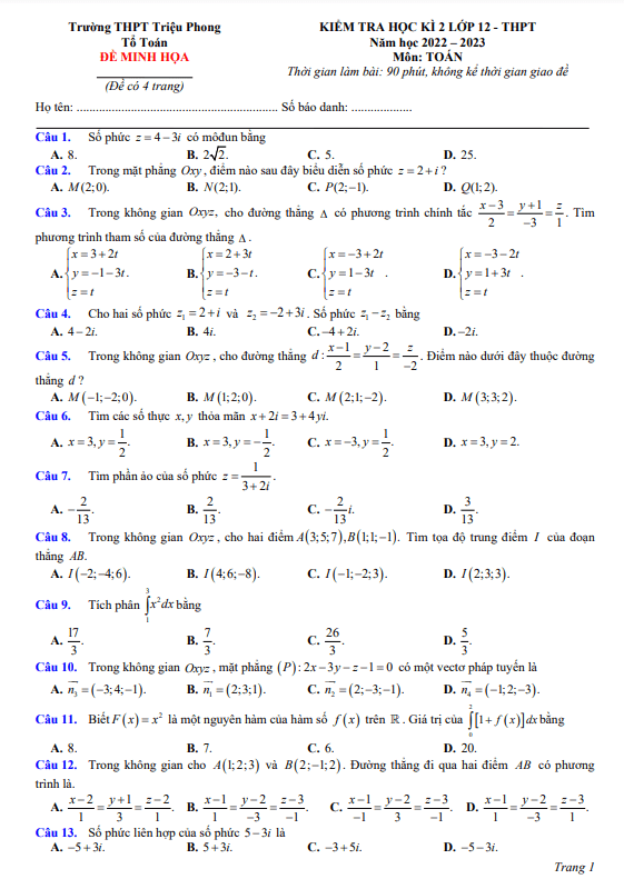 Đề minh họa học kì 2 (HK2) lớp 12 môn Toán năm 2022 2023 trường THPT Triệu Phong Quảng Trị