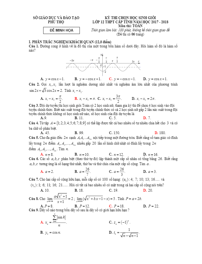 Đề minh họa kỳ thi chọn HSG lớp 12 môn Toán THPT cấp tỉnh năm học 2017 2018 sở GD và ĐT Phú Thọ