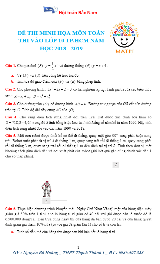 Đề minh họa kỳ thi tuyển sinh THPT năm học 2018 2019 môn Toán sở GD và ĐT TP. HCM