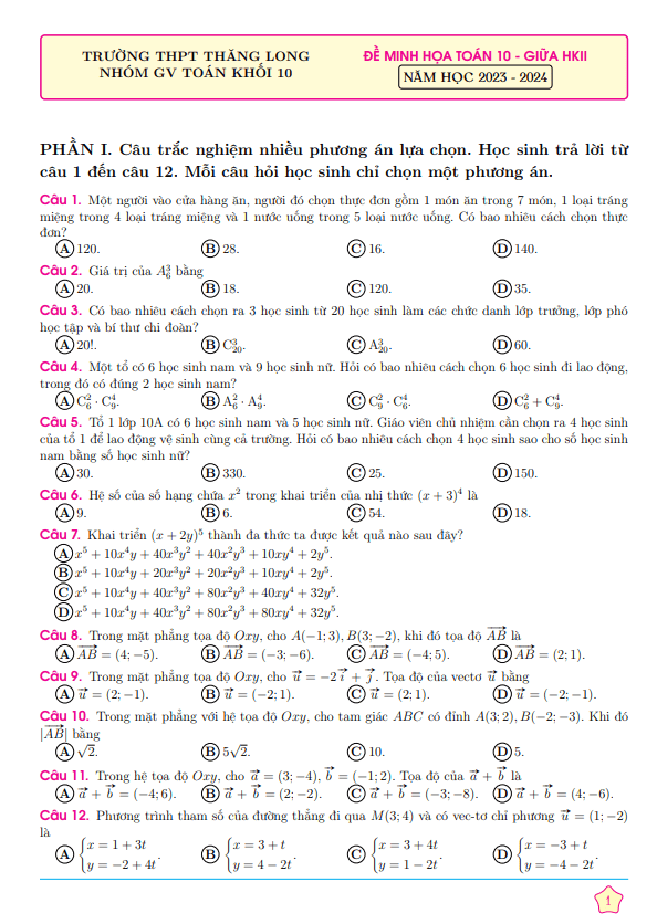 Đề minh họa lớp 10 môn Toán giữa học kì 2 (HK2) năm 2023 2024 trường THPT Thăng Long TP HCM