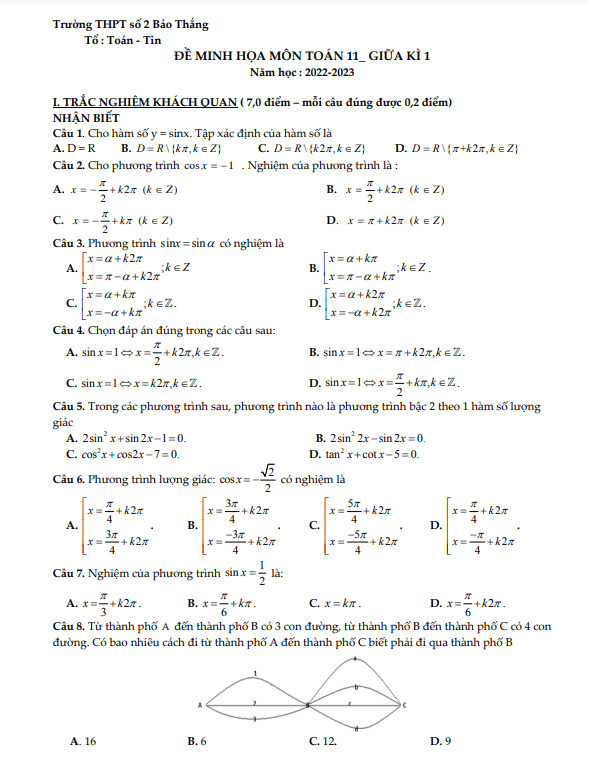 Đề minh họa lớp 11 môn Toán giữa học kì 1 (HK1) năm 2022 2023 trường THPT Bảo Thắng 2 Lào Cai