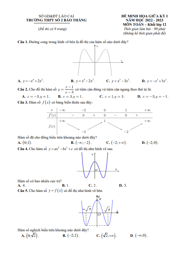 Đề minh họa lớp 12 môn Toán giữa học kì 1 (HK1) năm 2022 2023 trường THPT Bảo Thắng 2 Lào Cai