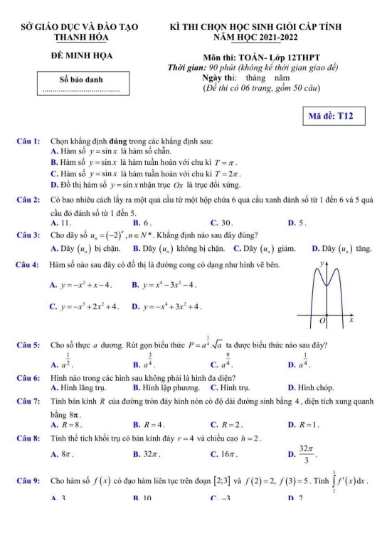 Đề minh họa thi HSG tỉnh lớp 12 môn Toán năm 2021 2022 sở GD ĐT Thanh Hóa