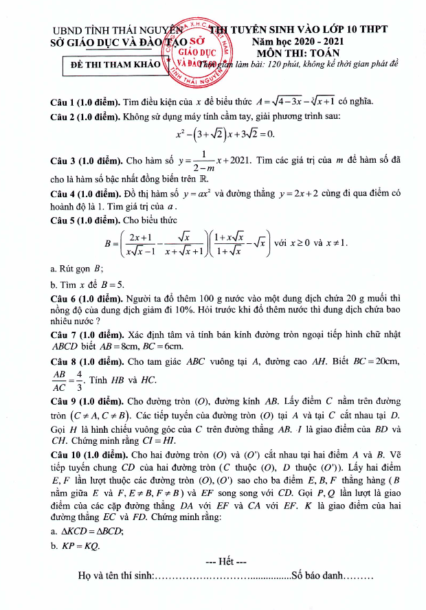 Đề minh họa thi vào 10 môn Toán năm 2020 2021 sở GD ĐT Thái Nguyên