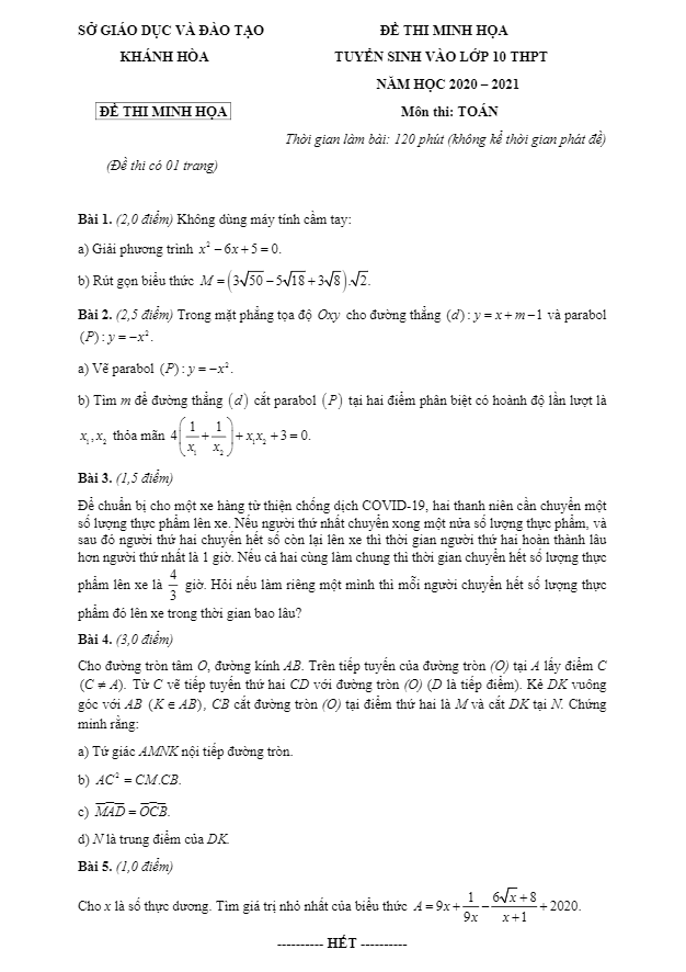 Đề minh họa Toán tuyển sinh năm 2020 2021 sở GD ĐT Khánh Hòa