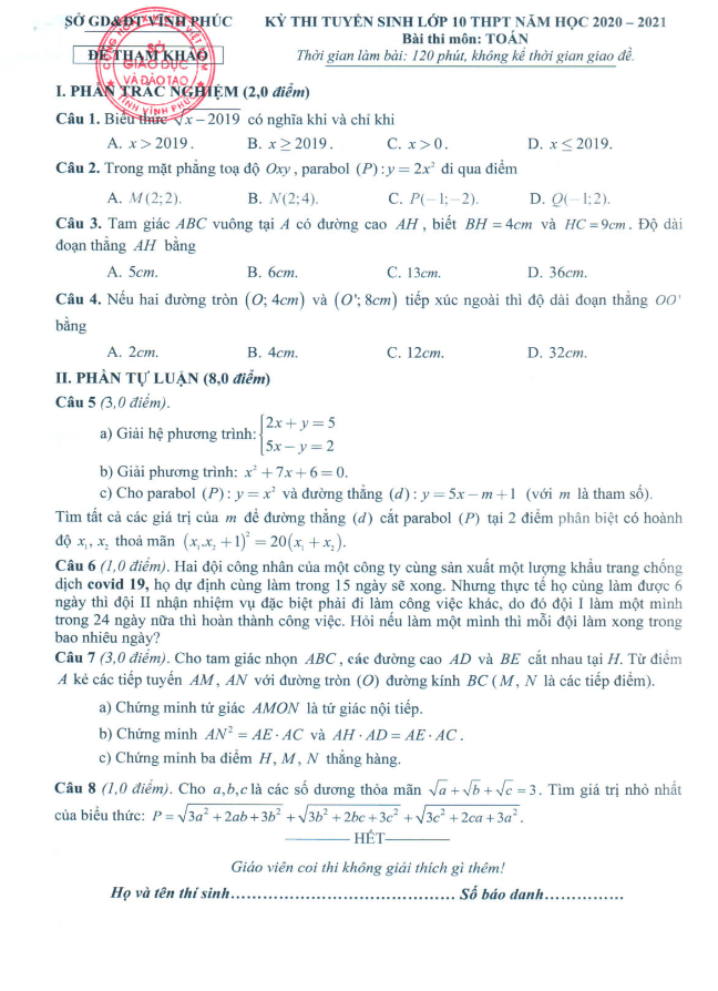 Đề minh họa vào môn Toán năm 2020 2021 sở GD ĐT Vĩnh Phúc