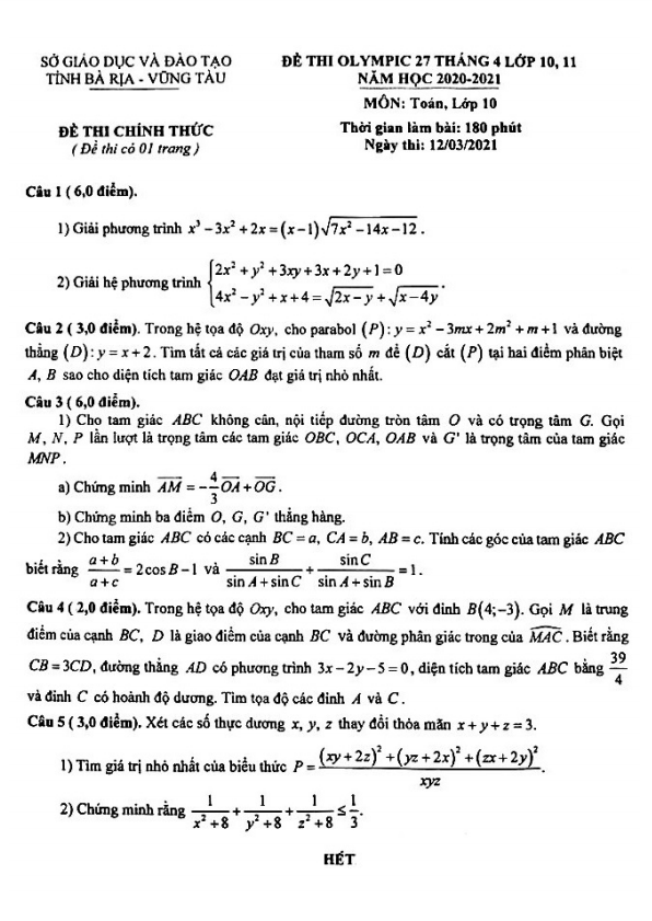 Đề Olympic 27 tháng 4 lớp 10 môn Toán năm 2020 2021 sở GD ĐT Bà Rịa Vũng Tàu