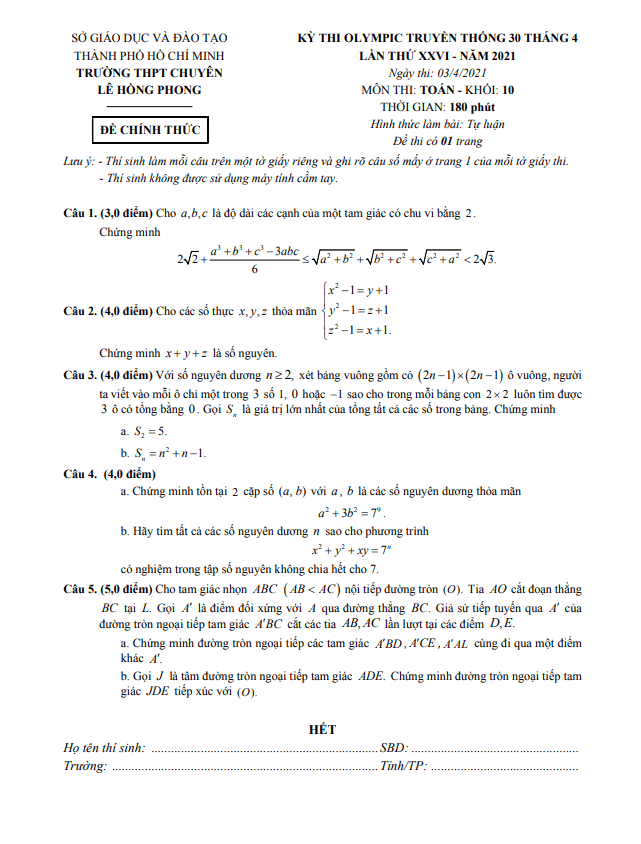 Đề Olympic 30 tháng 4 lớp 10 môn Toán năm 2021 trường chuyên Lê Hồng Phong TP HCM