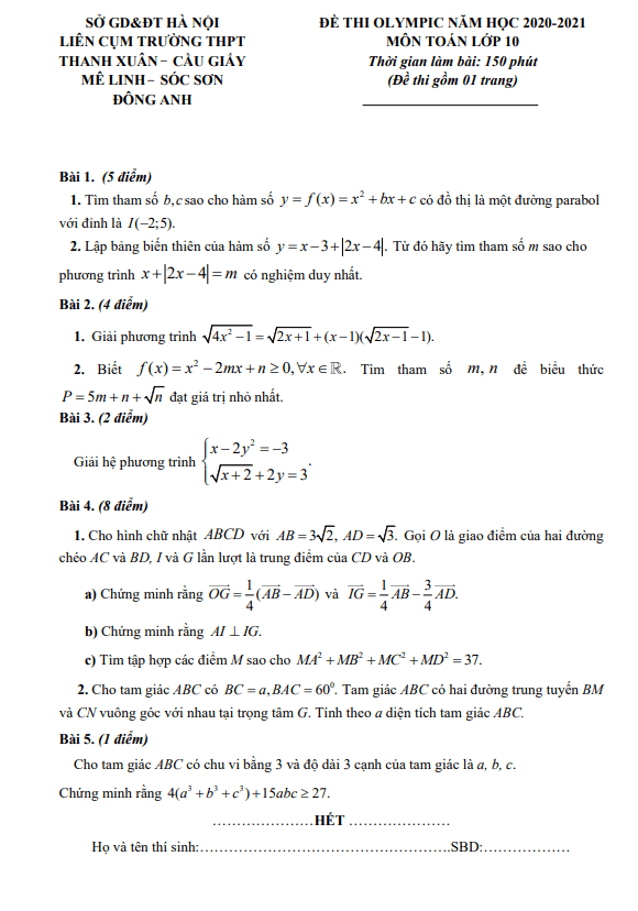 Đề Olympic lớp 10 môn Toán năm 2020 2021 liên cụm trường THPT Hà Nội