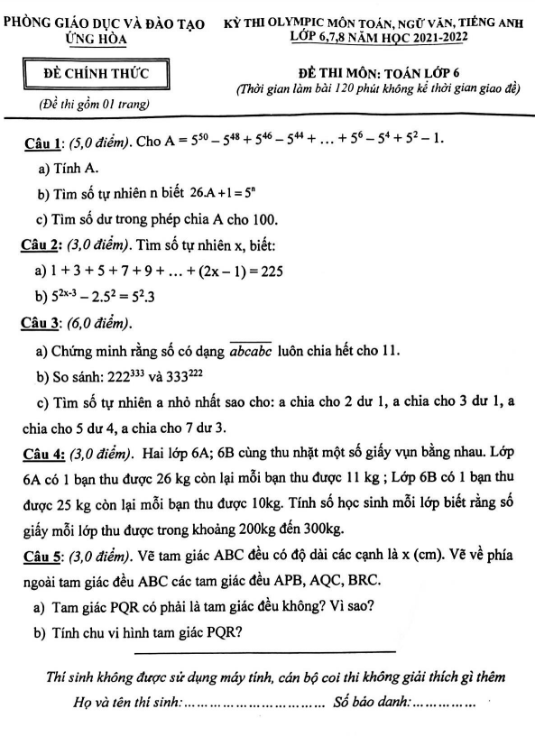 Đề Olympic lớp 6 môn Toán năm 2021 2022 phòng GD ĐT Ứng Hòa Hà Nội