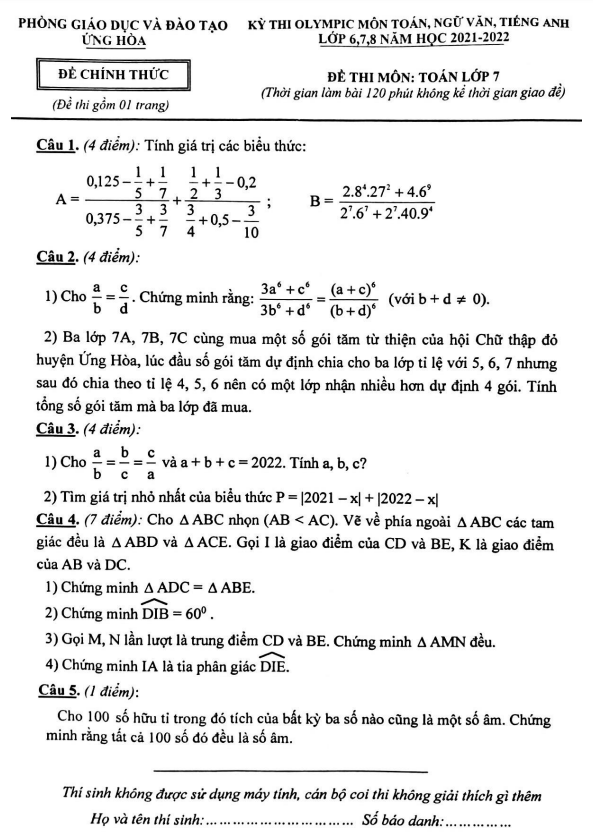 Đề Olympic lớp 7 môn Toán năm 2021 2022 phòng GD ĐT Ứng Hòa Hà Nội