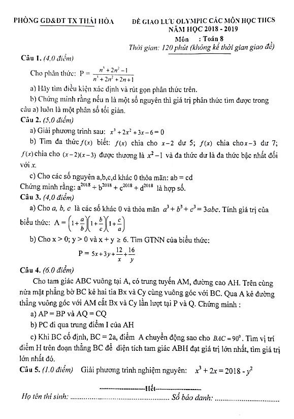 Đề Olympic lớp 8 môn Toán năm 2018 2019 phòng GD ĐT TX Thái Hòa Nghệ An