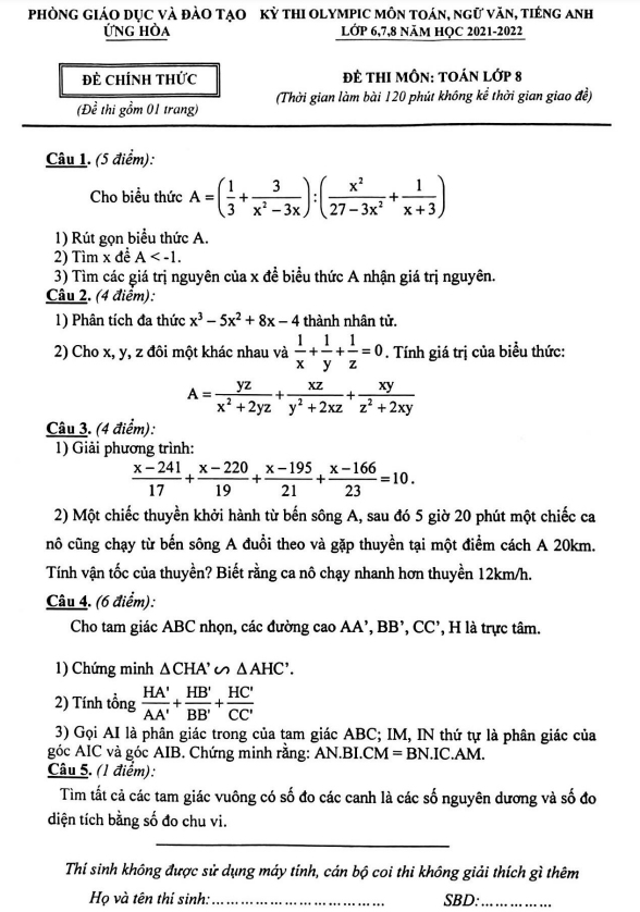 Đề Olympic lớp 8 môn Toán năm 2021 2022 phòng GD ĐT Ứng Hòa Hà Nội