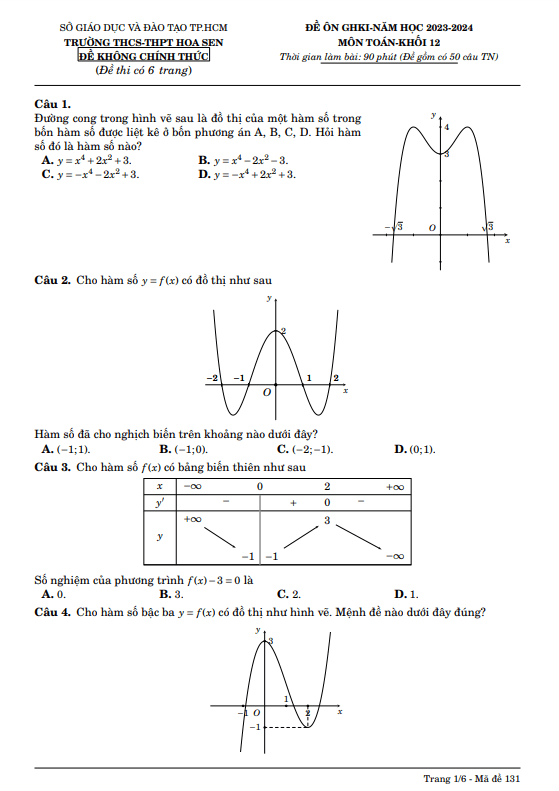 Đề ôn GHKI lớp 12 môn Toán năm 2023 2024 trường THCS THPT Hoa Sen TP HCM