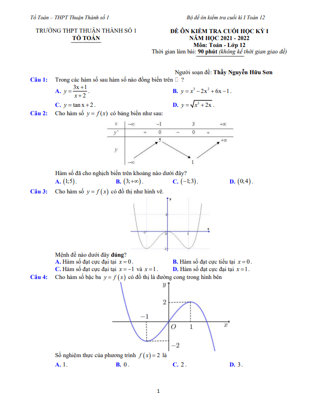 Đề ôn tập cuối học kì 1 (HK1) lớp 12 môn Toán năm 2021 2022 trường Thuận Thành 1 Bắc Ninh