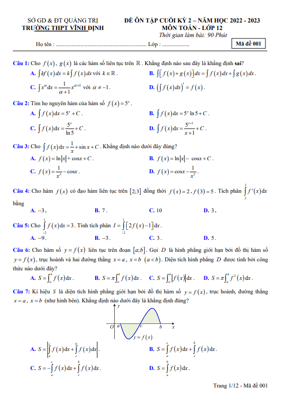 Đề ôn tập cuối học kì 2 (HK2) lớp 12 môn Toán năm 2022 2023 trường THPT Vĩnh Định Quảng Trị