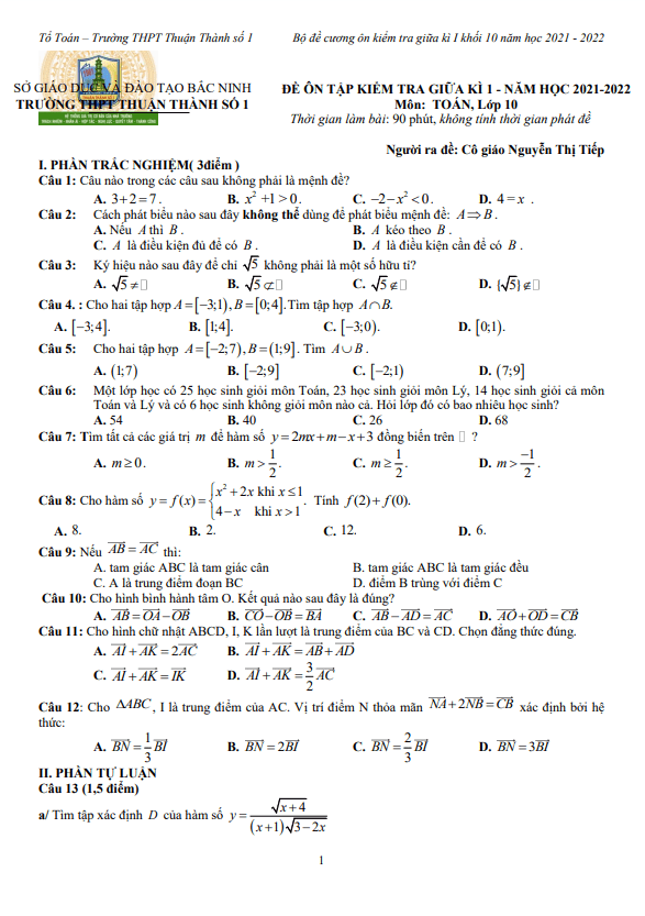 Đề ôn tập giữa học kì 1 (HK1) lớp 10 môn Toán năm 2021 2022 trường Thuận Thành 1 Bắc Ninh
