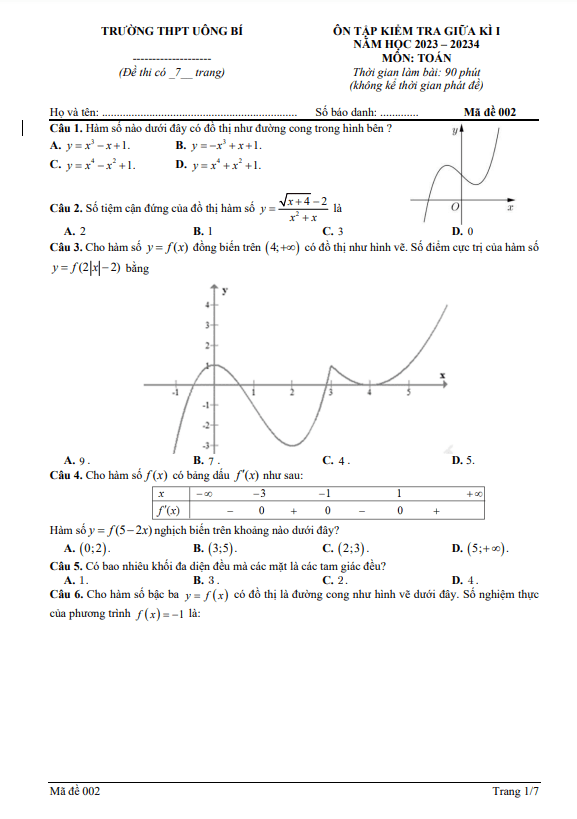 Đề ôn tập giữa học kì 1 (HK1) lớp 12 môn Toán năm 2023 2024 trường THPT Uông Bí Quảng Ninh