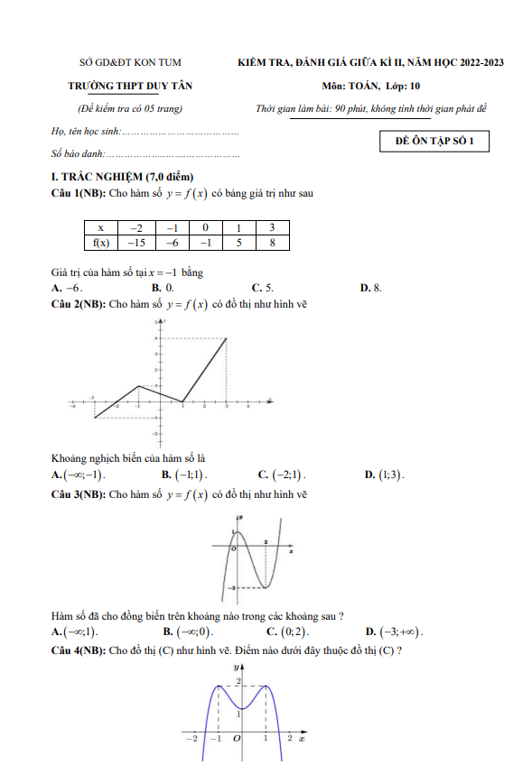 Đề ôn tập giữa học kì 2 (HK2) lớp 10 môn Toán năm 2022 2023 trường THPT Duy Tân Kon Tum