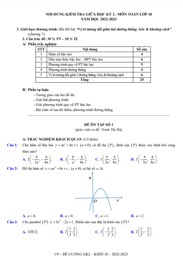 Đề ôn tập giữa học kì 2 (HK2) lớp 10 môn Toán năm 2022 2023 trường THPT Việt Đức Hà Nội