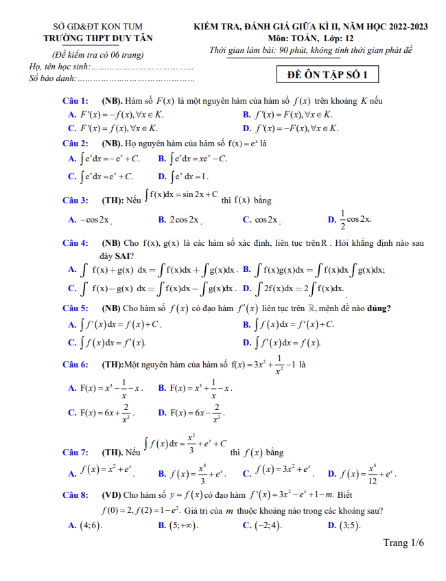 Đề ôn tập giữa học kì 2 (HK2) lớp 12 môn Toán năm 2022 2023 trường THPT Duy Tân Kon Tum