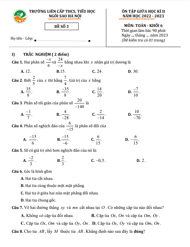 Đề ôn tập giữa học kì 2 (HK2) lớp 6 môn Toán năm 2022 2023 trường TH THCS Ngôi Sao Hà Nội