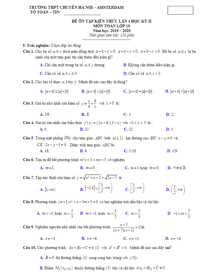 Đề ôn tập lớp 10 môn Toán tháng 03 năm 2020 trường THPT chuyên Hà Nội – Amsterdam