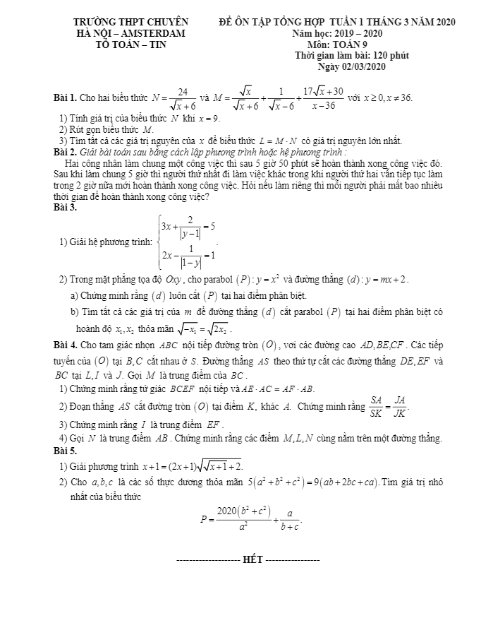 Đề ôn tập lớp 9 môn Toán tháng 03 năm 2020 trường THPT chuyên Hà Nội – Amsterdam